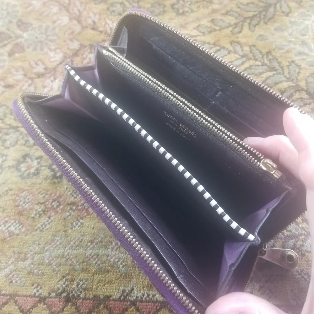 Henri Bendel purple snakeskin embossed leather wallet